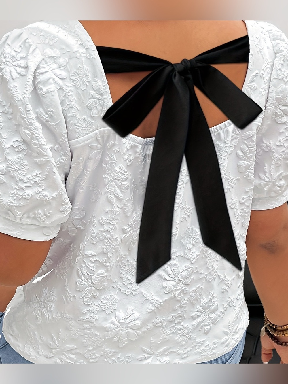 SHEIN white textured square neck puff sleeve top black ribbon bow size M